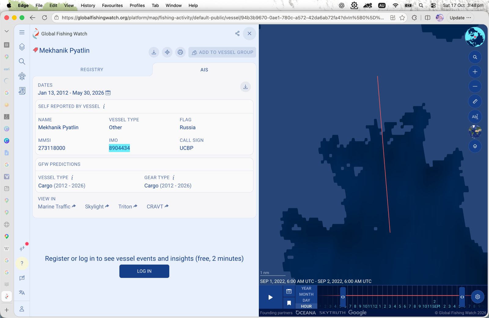Global Fishing Watch vessel record for Mekhanik Pyatlin showing IMO 8904434