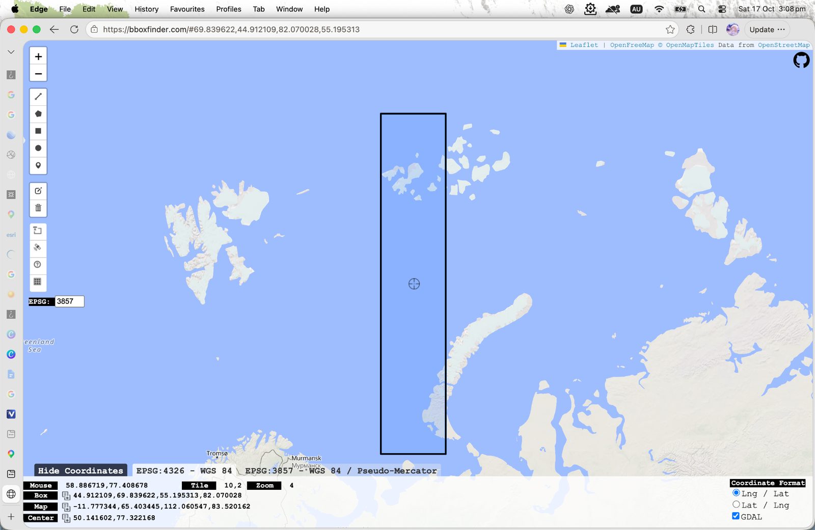 Search box drawn over Novaya Zemlya and Franz Josef Land between the estimated longitudes