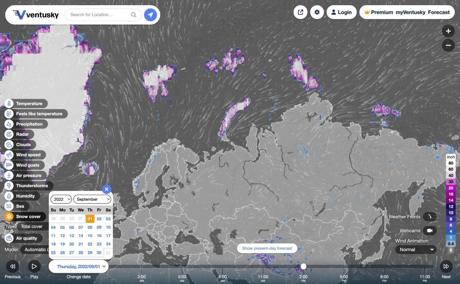 Snow cover map over the Arctic on 1 September 2022, highlighting island groups in the Barents/Kara Sea region