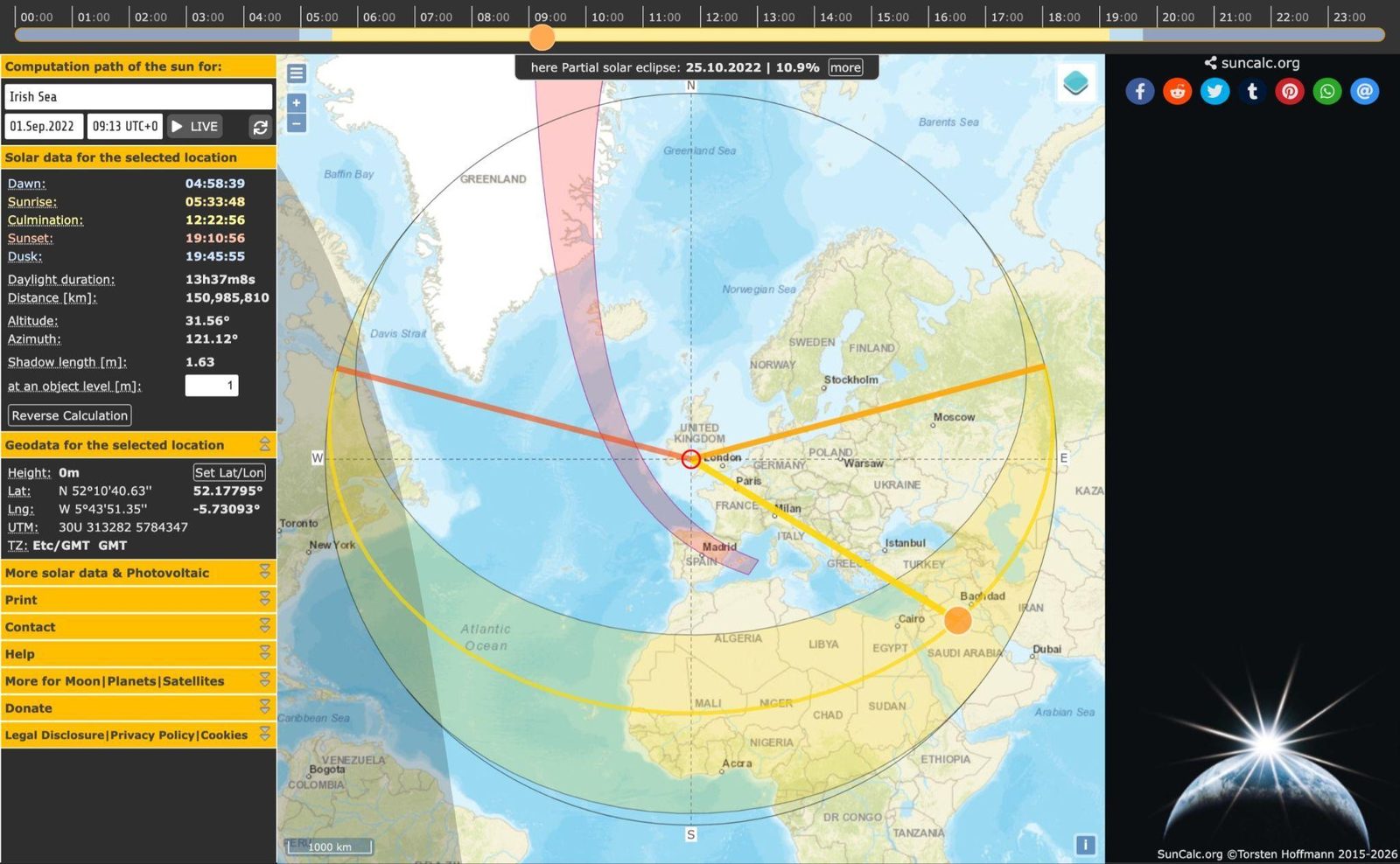 SunCalc for 1 Sep 2022, 09:13 UTC